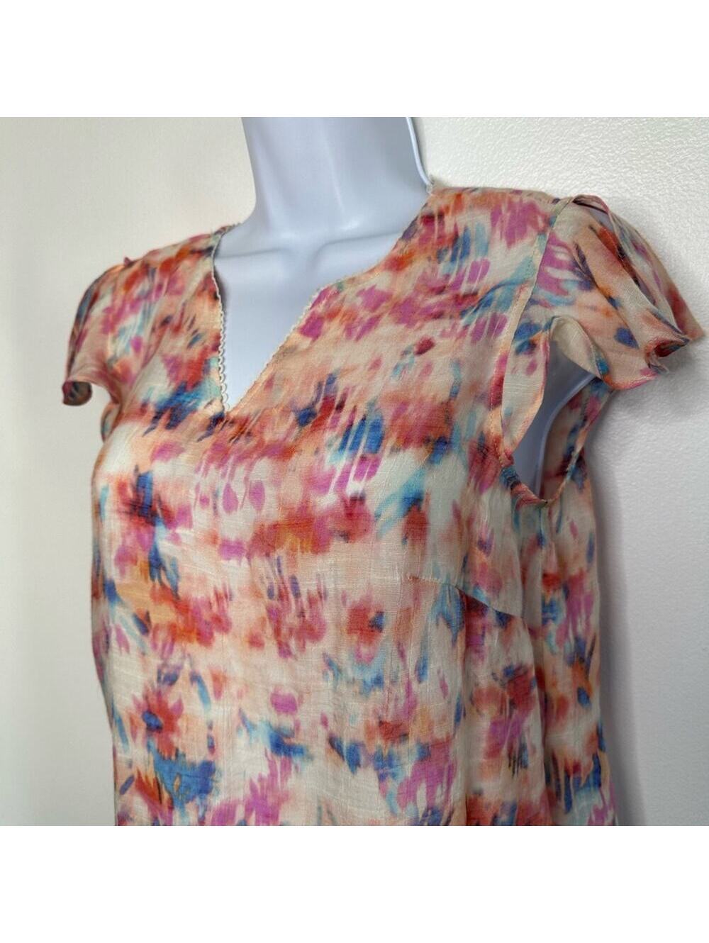 Nanette Lepore Women's XS Watercolor V-Neck Flutter Sleeve Blouse Top Pink - Picture 3 of 6